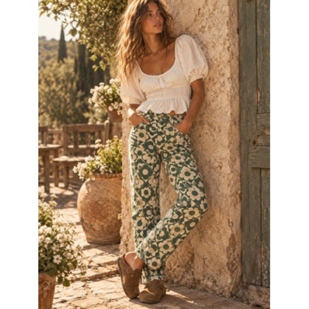 PacSun High Rise Straight Leg Jeans Green Floral Checkerboard Size 24 NWT